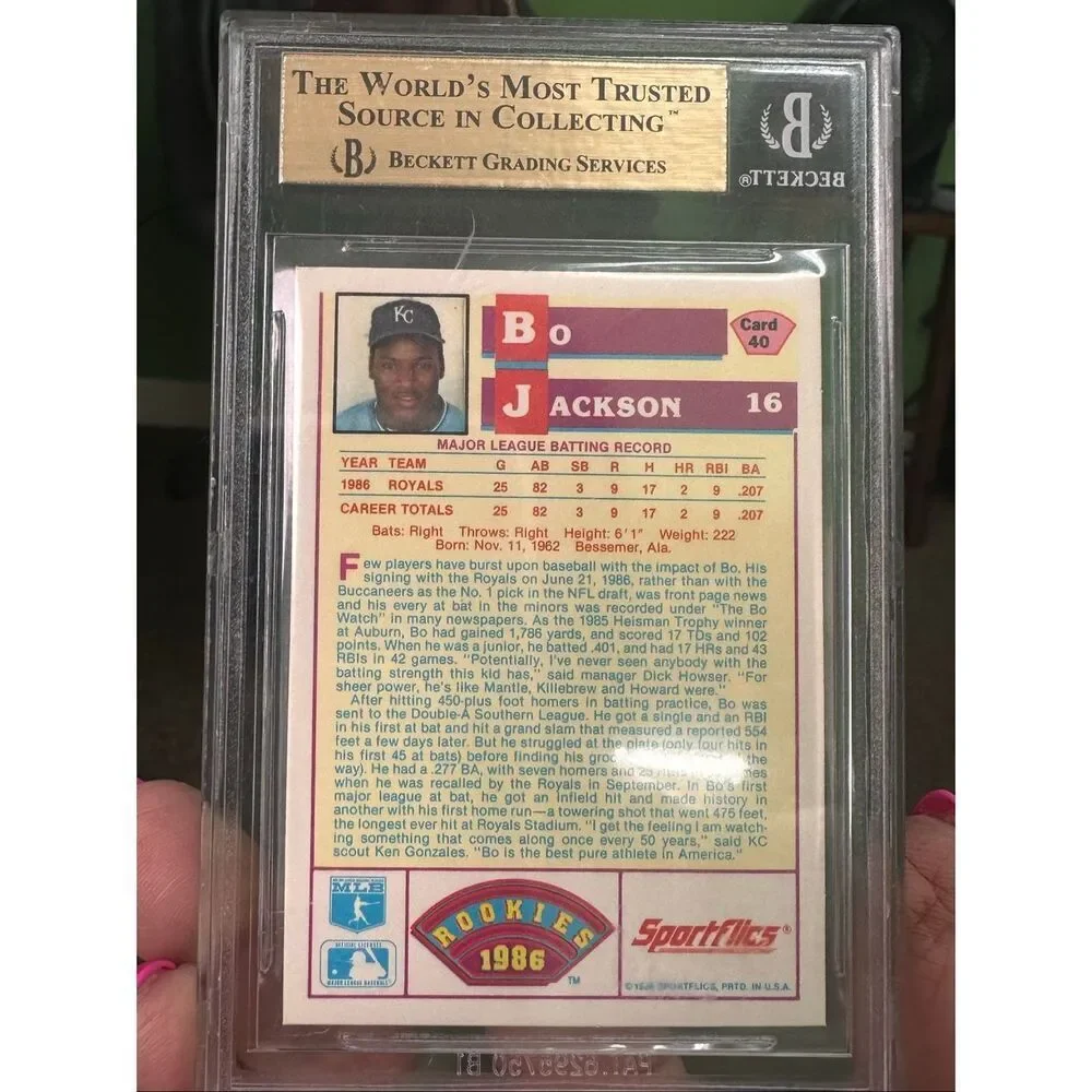 1986 Sportflics Bo Jackson Rookie #40. BGS 9.5 Gem Mint. Royal RC. Rare Halo Gra